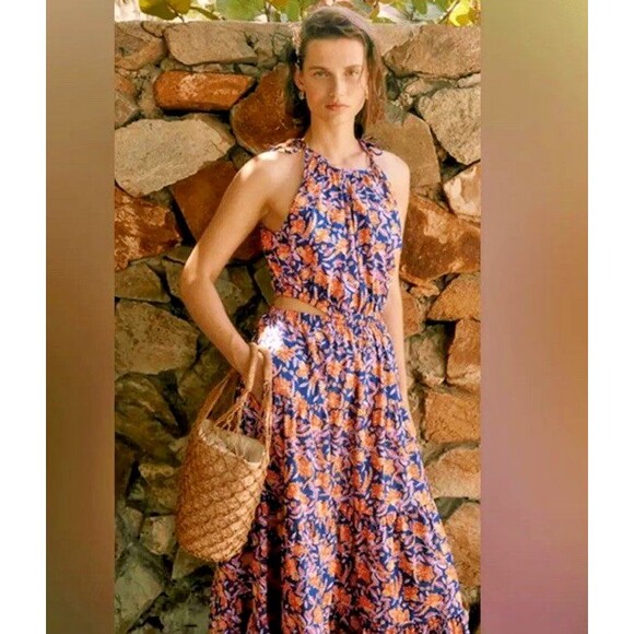 NWT J Crew Harbour Side-Cutout Midi Dress Size Small Tall Blue Orange Floral - Picture 2 of 16